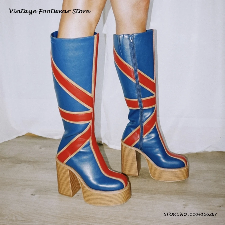 Knee High Boots Women - Retalhos de couro plataforma joelho botas