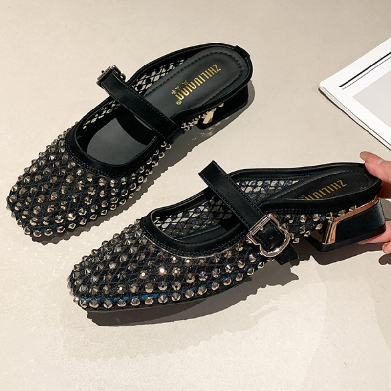 Mule Slip On - Malha strass salto grosso mules chinelos