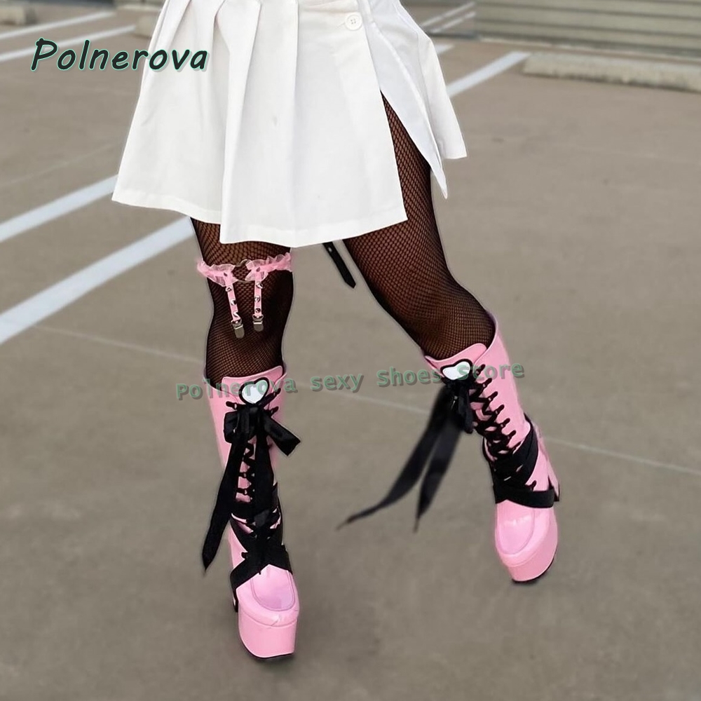 Wedge Heeled Sneaker - Botas Femininas Rosa de Plataforma Cano